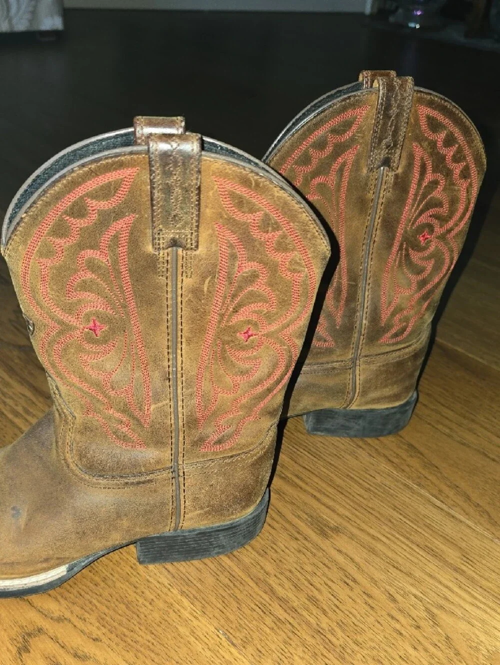 Ariat Kids Quick Draw Brown Cowboy Boots with Red Stitching Size 4